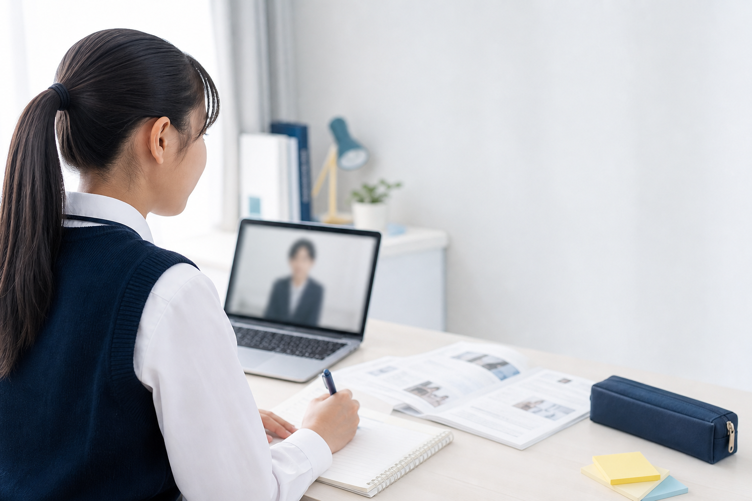 自宅からオンライン講義を受ける高校生